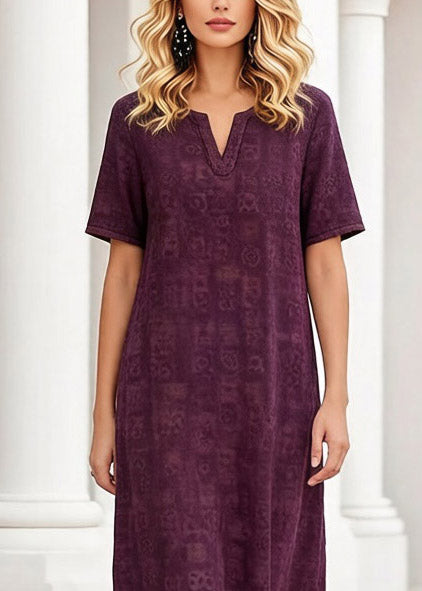 Purple Print Patchwork Silk Long Dress Short Sleeve