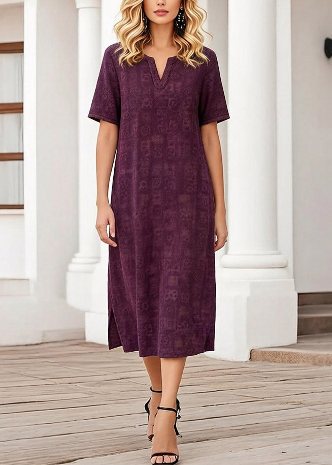 Purple Print Patchwork Silk Long Dress Short Sleeve