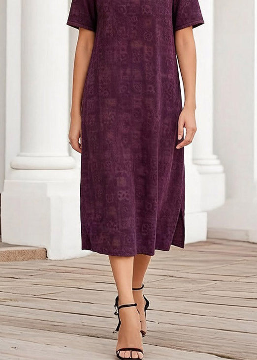 Purple Print Patchwork Silk Long Dress Short Sleeve