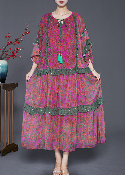 Purple Red Print Ruffled Chiffon Party Dress Summer