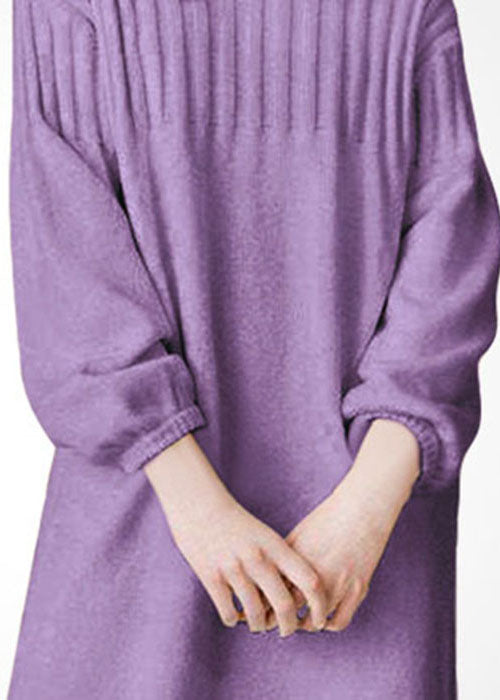 Purple Stand Collar Thick Wool Long Knit Dress Winter