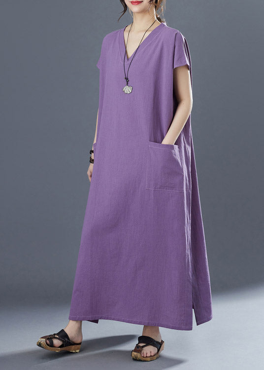 Purple V Neck Patchwork Long Dresses Short Sleeve
