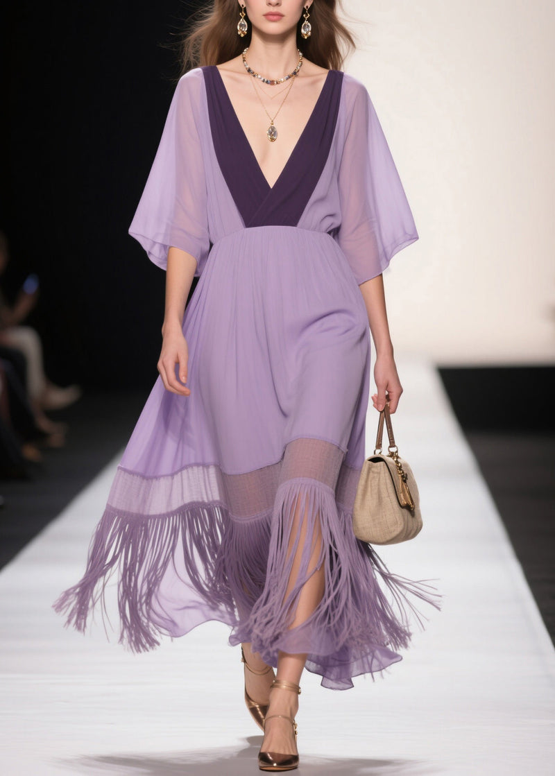 Purple V Neck Tassel Patchwork Cotton Dress Summer