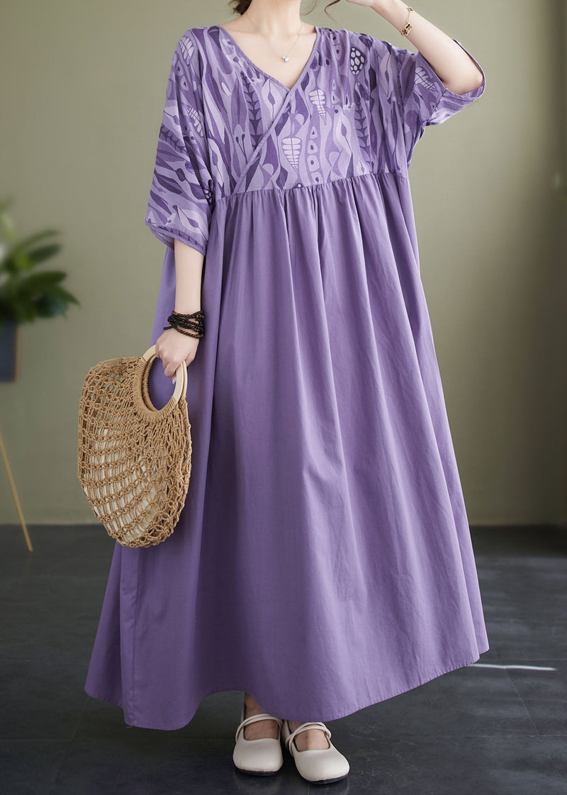 Purple V Neck Wrinkled Print Patchwork Cotton Vacation Dresses Summer