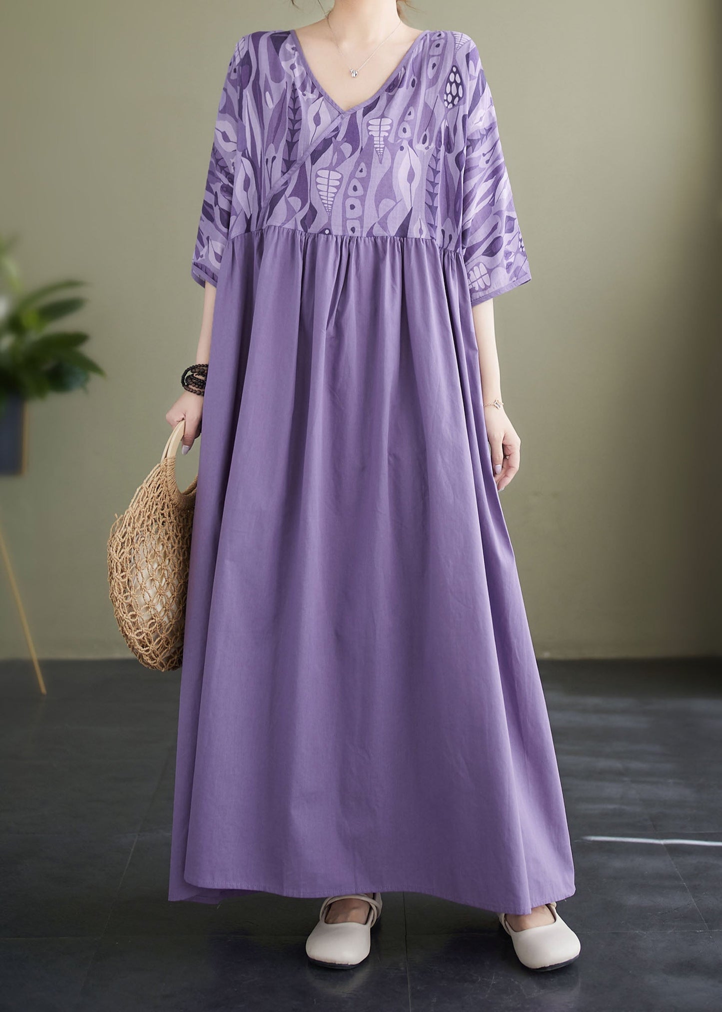 Purple V Neck Wrinkled Print Patchwork Cotton Vacation Dresses Summer