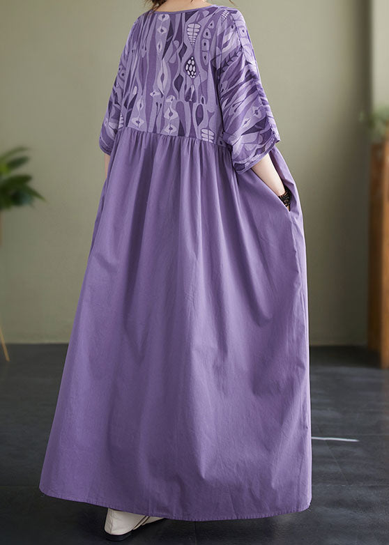 Purple V Neck Wrinkled Print Patchwork Cotton Vacation Dresses Summer