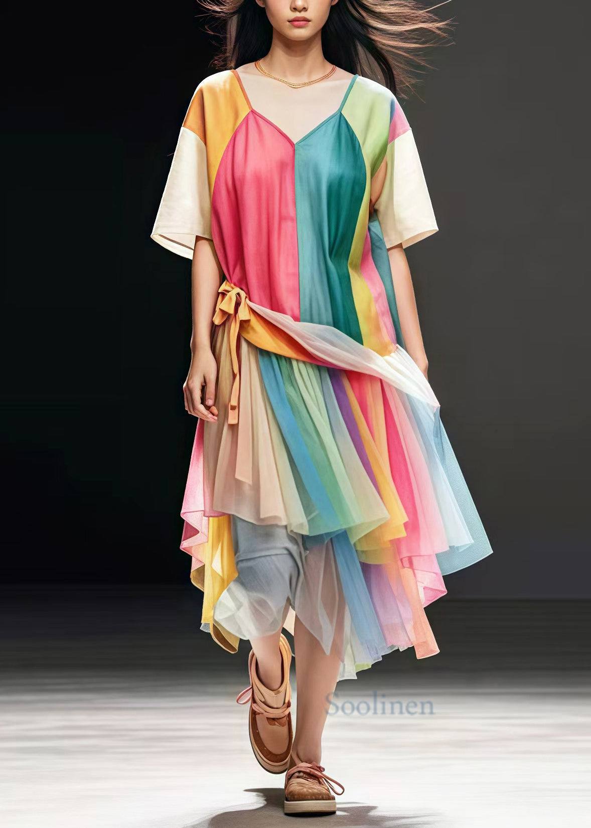 Rainbow Oversized Patchwork Tulle Dress Summer
