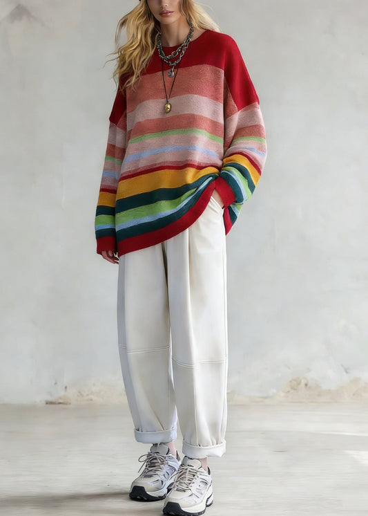 Rainbow Striped O-neck Knit Sweaters and White Pants Two Pieces Set Spring