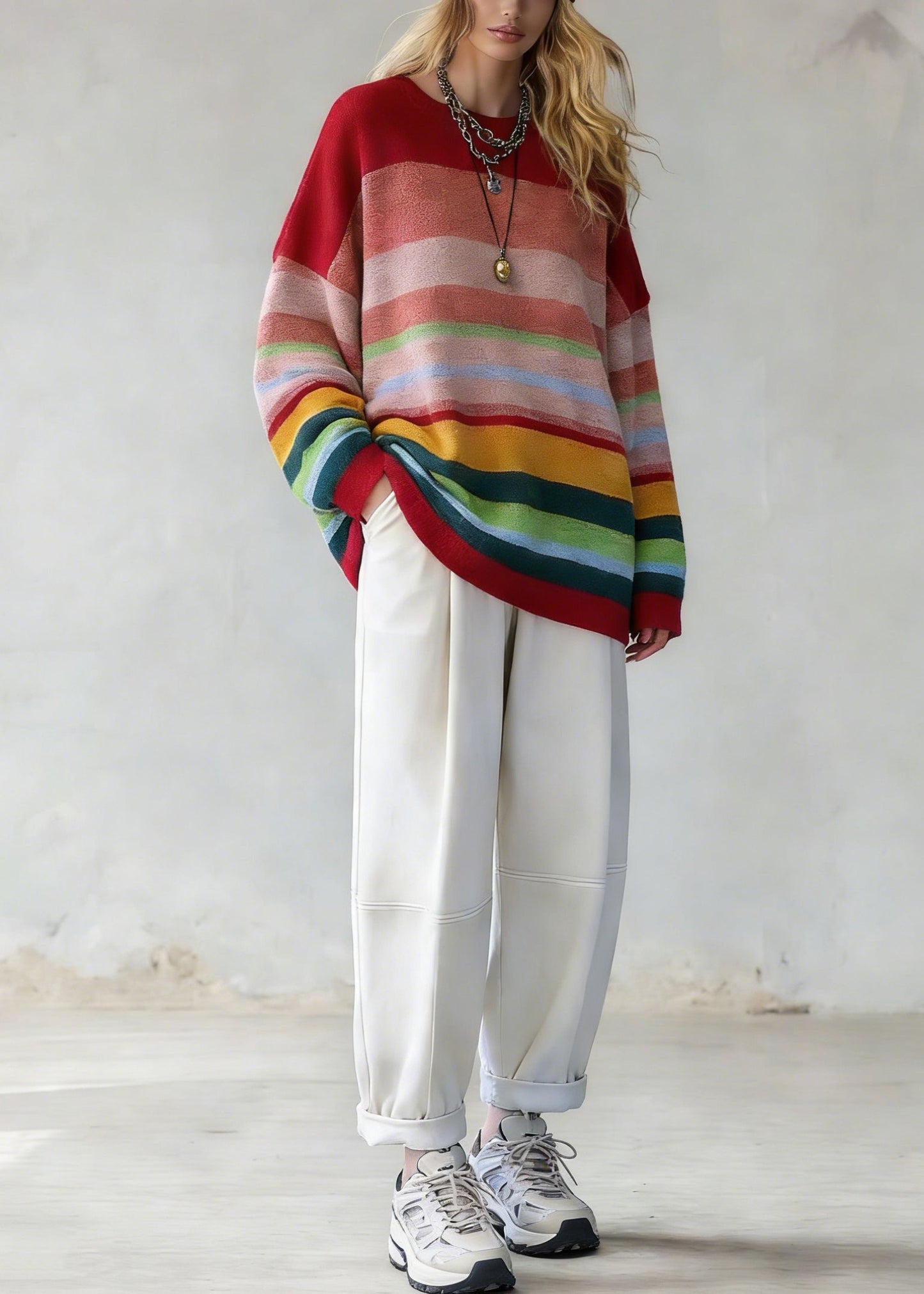 Rainbow Striped O-neck Knit Sweaters and White Pants Two Pieces Set Spring