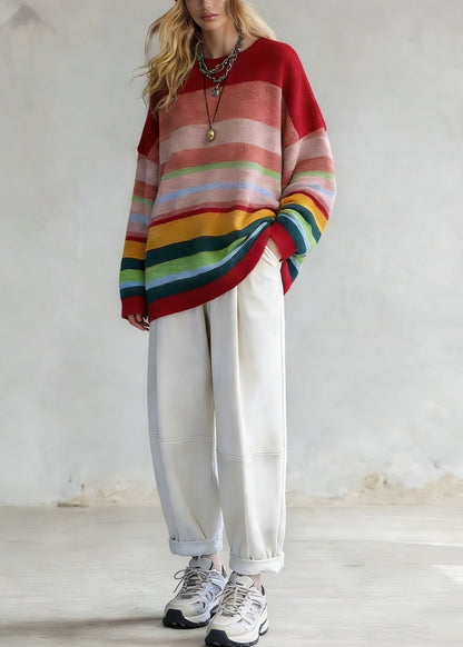 Rainbow Striped O-neck Knit Sweaters and White Pants Two Pieces Set Spring