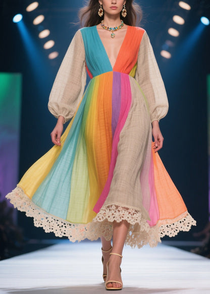 Rainbow V Neck Patchwork Linen Party Dress Lantern Sleeve