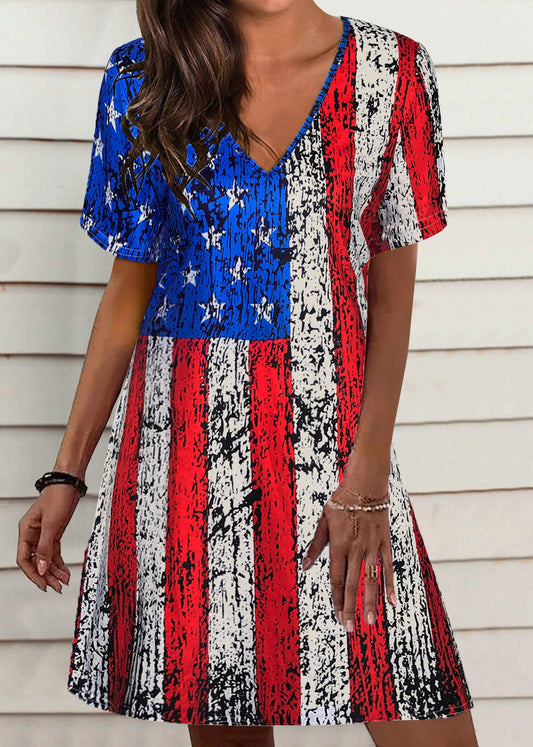 Red Blue V Neck Print Maxi Dresses for Summer