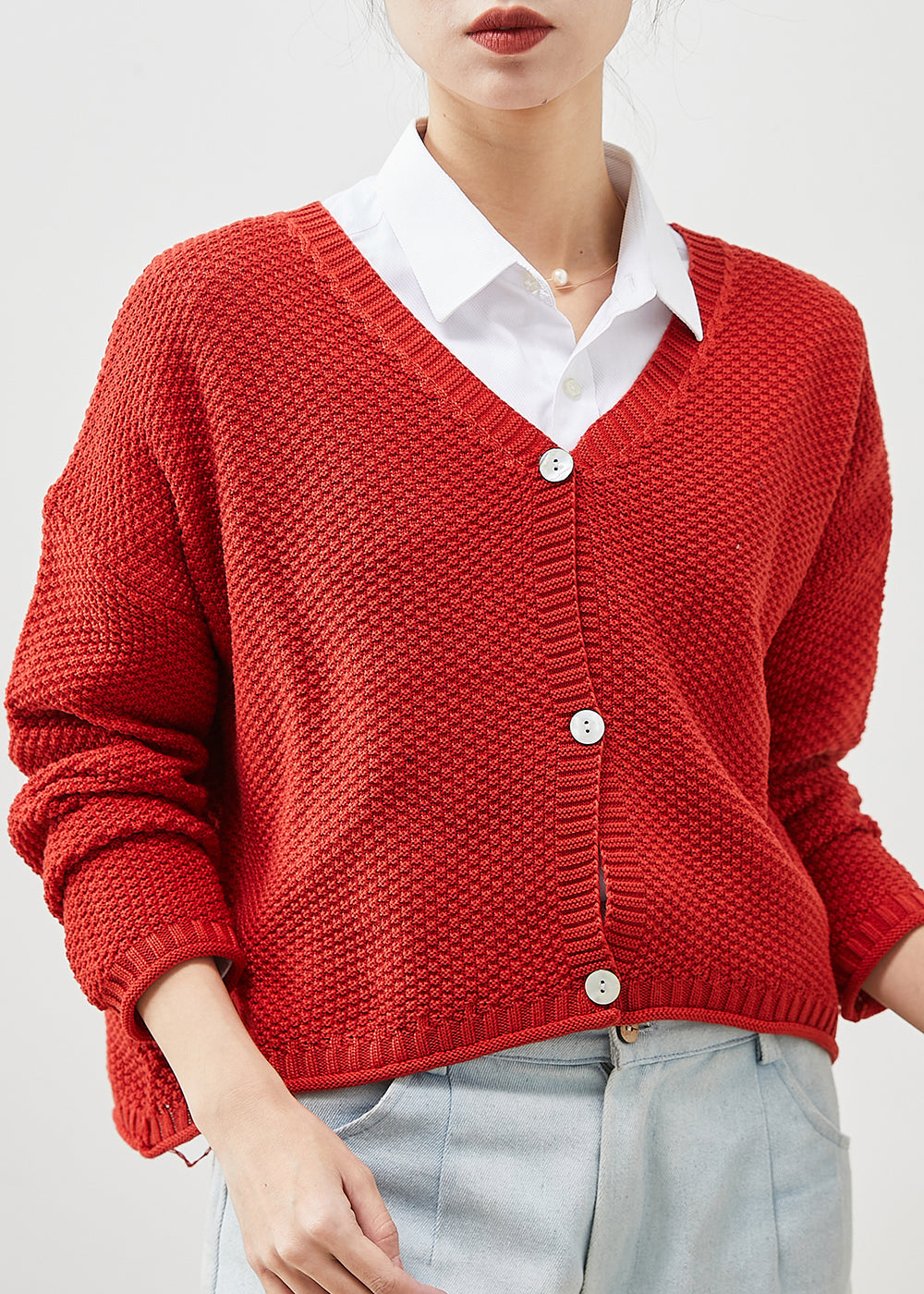 Red Button Down Knit Loose Cardigan Spring