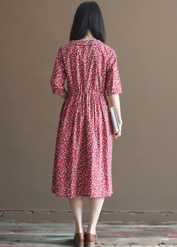 Red Cinched Print Button Cotton Long Dress Half Sleeve