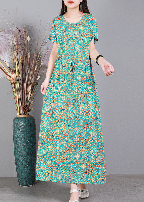 Red O-neck Cinched Print Drawstring Silk Long Dresses Short Sleeve