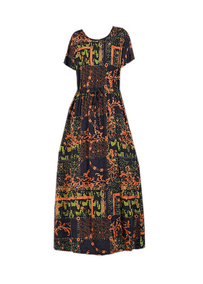 Red O-neck Cinched Print Drawstring Silk Long Dresses Short Sleeve