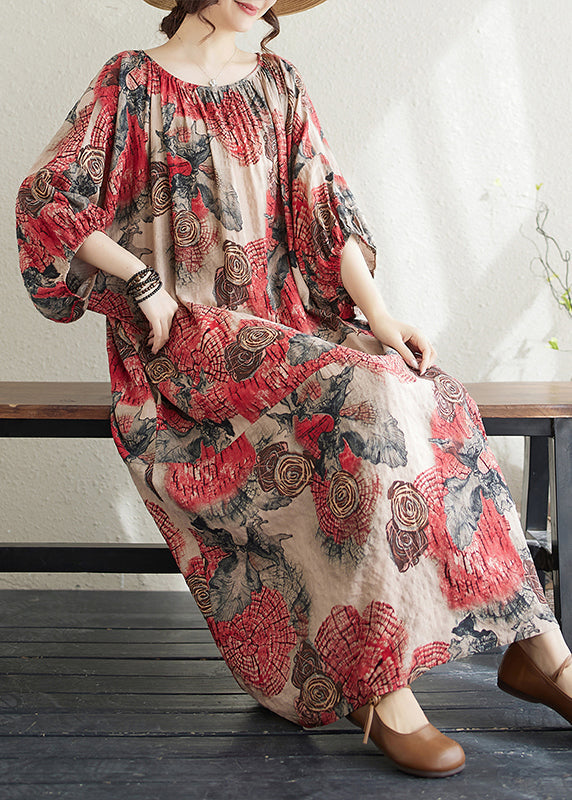 Red O Neck Print Cotton Long Dress Puff Sleeve