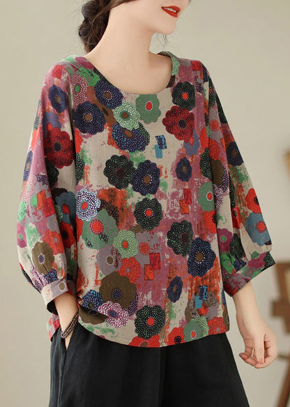 Red O Neck Print Cotton T Shirts Top Long Sleeve
