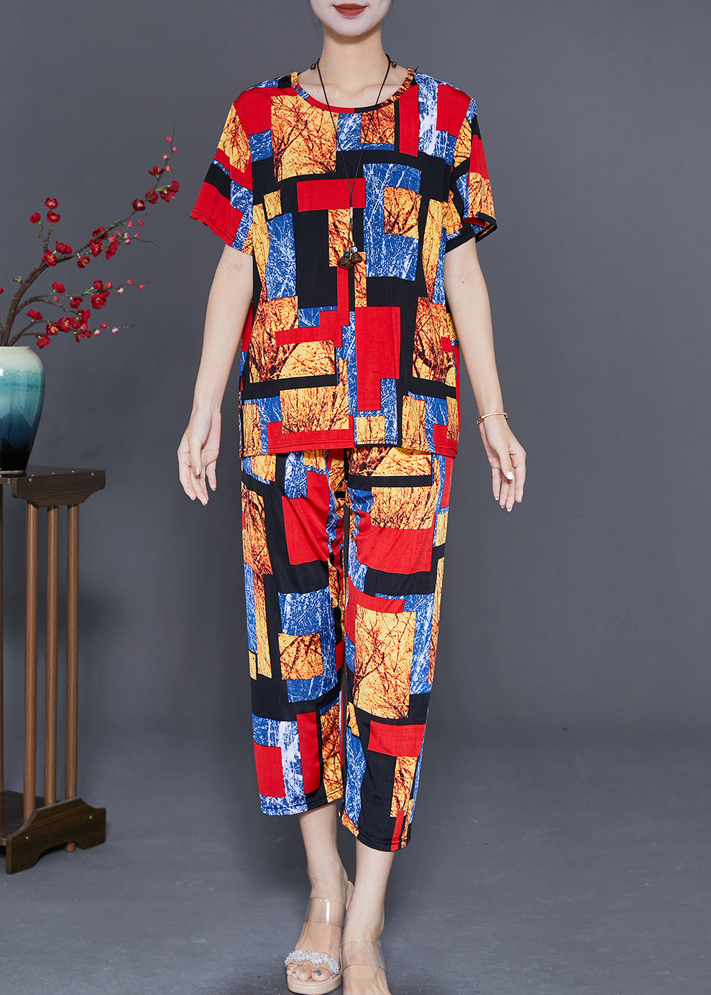 Red O-neck Print Ice Silk Two Pieces Set Summer