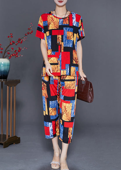 Red O-neck Print Ice Silk Two Pieces Set Summer