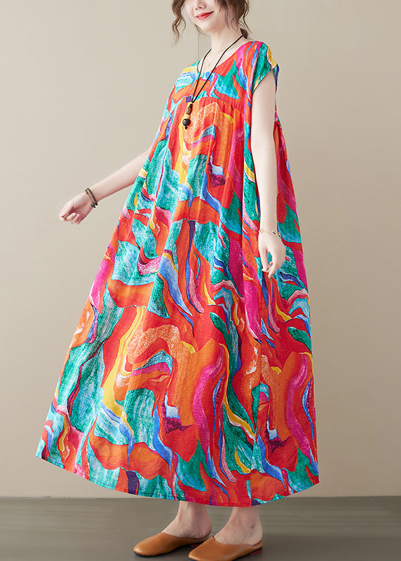 Red O-neck Print Long Dresses Summer