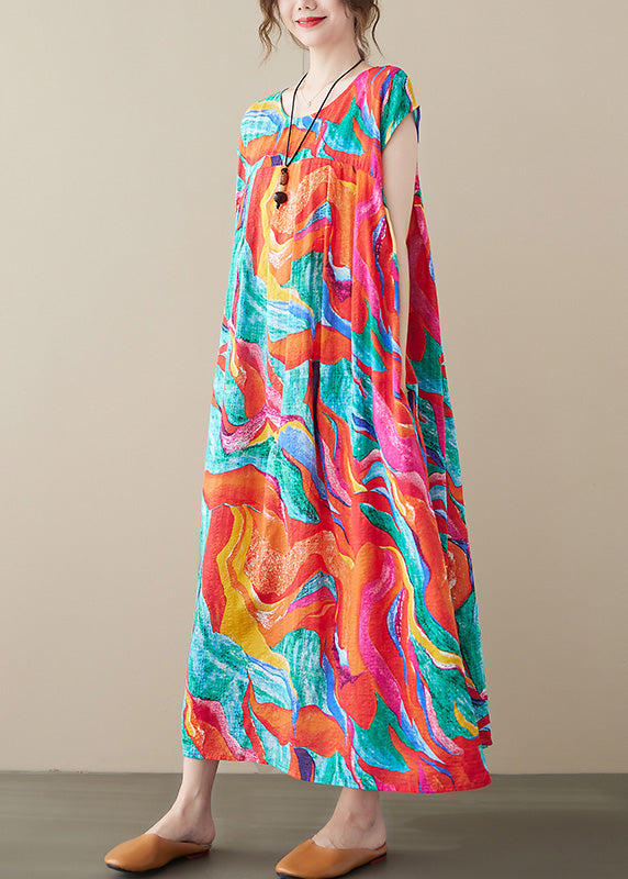 Red O-neck Print Long Dresses Summer