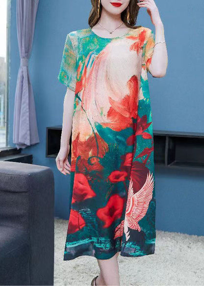 Red O Neck Print Patchwork Chiffon Dresses Summer