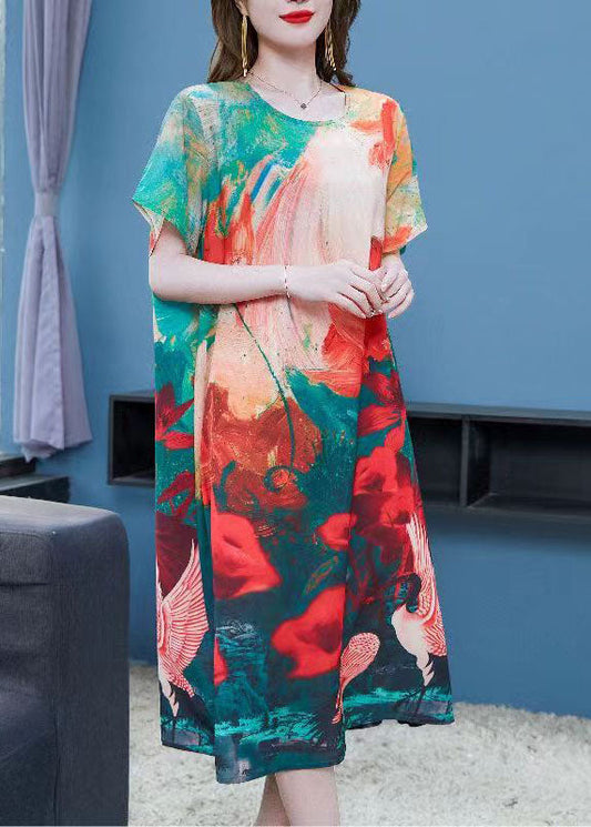 Red O Neck Print Patchwork Chiffon Dresses Summer