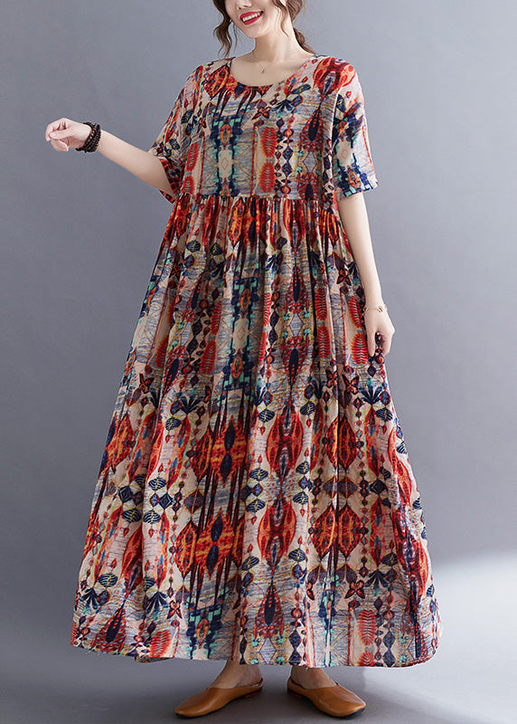 Red O-neck Print Patchwork Cotton Long Dresses Summer
