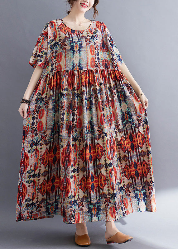 Red O-neck Print Patchwork Cotton Long Dresses Summer