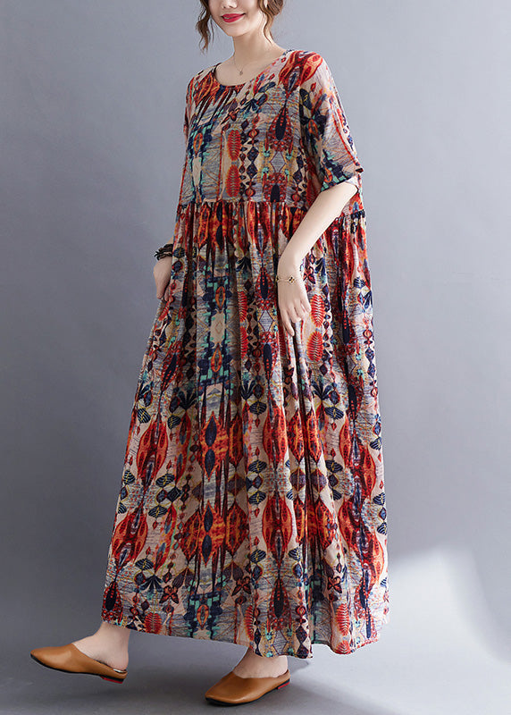 Red O-neck Print Patchwork Cotton Long Dresses Summer