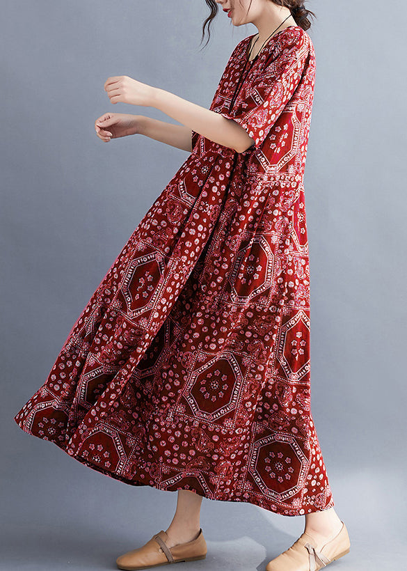 Red O Neck Print Pockets Cotton Long Dress Summer