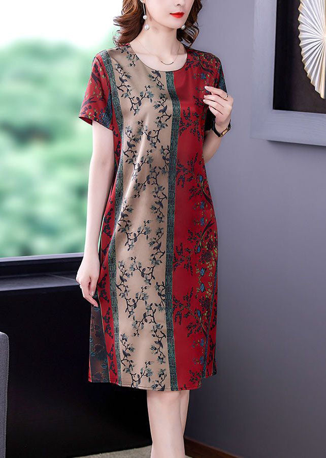 Red O-neck Print Slim Fit Silk Mid Dress Summer