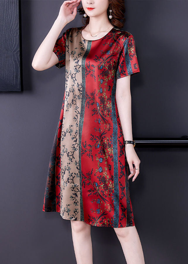 Red O-neck Print Slim Fit Silk Mid Dress Summer
