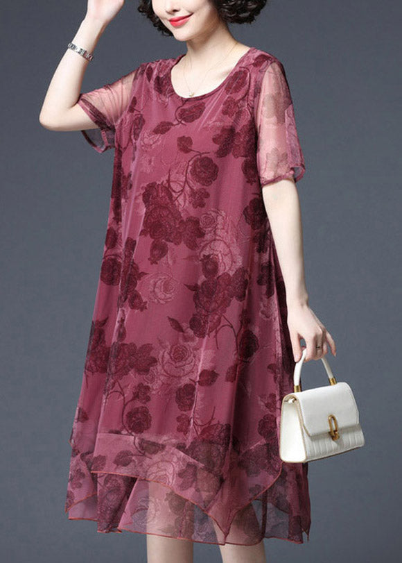 Red O-neck Print Tulle Vacation Dress Short Sleeve