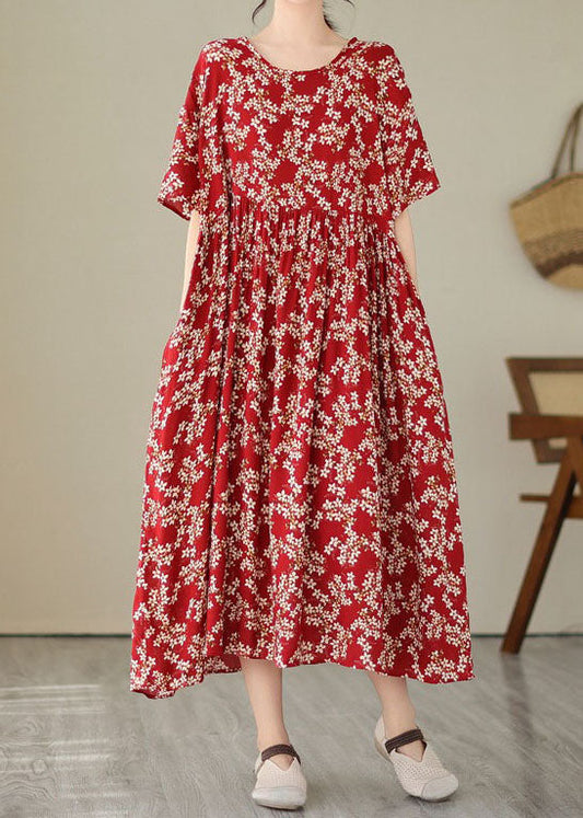 Red O Neck Print Wrinkled Patchwork Chiffon Dresses Summer