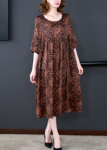 Red O Neck Print Wrinkled Patchwork Silk Dress Summer
