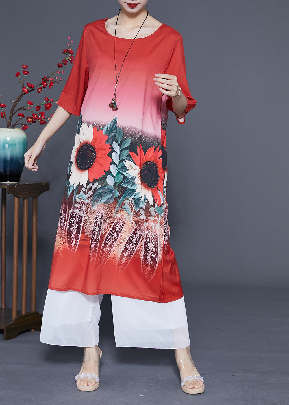 Red O-neck Sun Flower Print Silk Dresses Half Sleeve