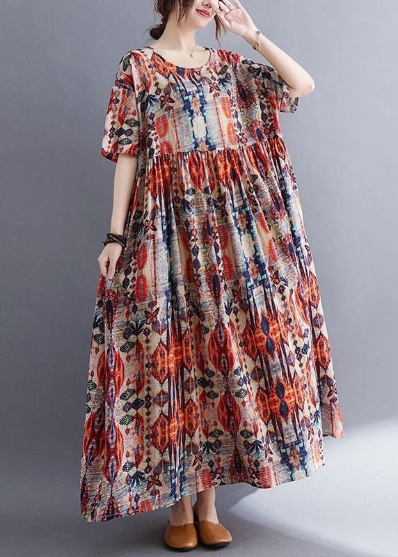 Red O Neck Wrinkled Print Patchwork Cotton Dresses Summer