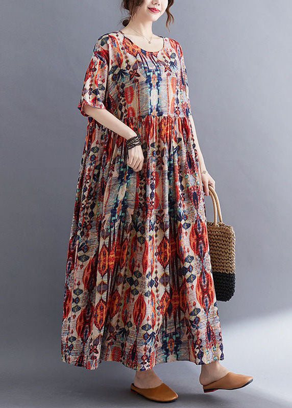Red O Neck Wrinkled Print Patchwork Cotton Dresses Summer