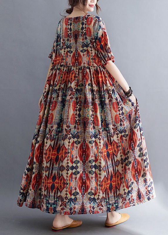 Red O Neck Wrinkled Print Patchwork Cotton Dresses Summer