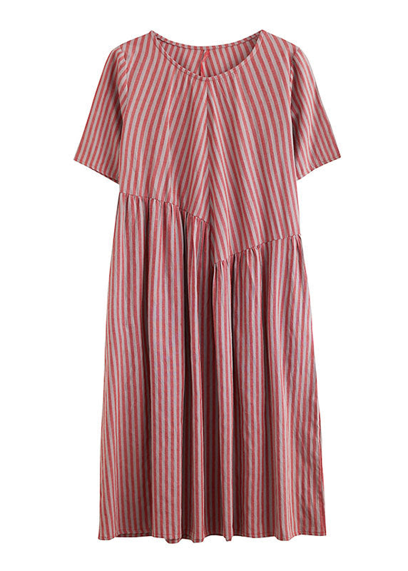 Red O-neck Wrinkled Striped Pockets Cotton Long Dress Short Sleeve
