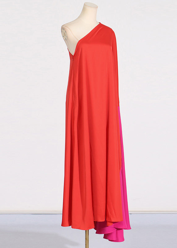 Red One Shoulder Patchwork Maxi Dress Summer