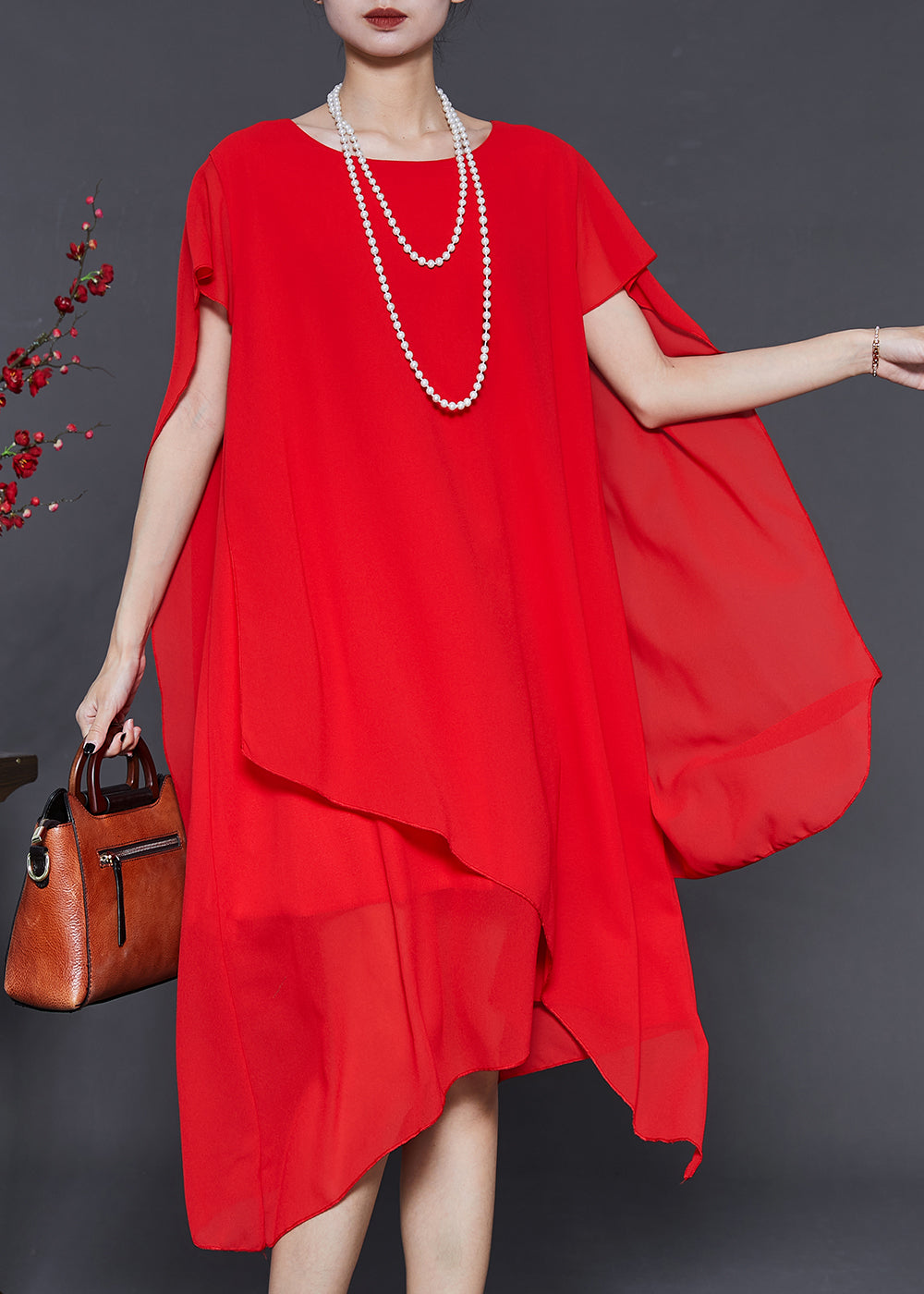 Red Oversized Chiffon Holiday Dress Summer