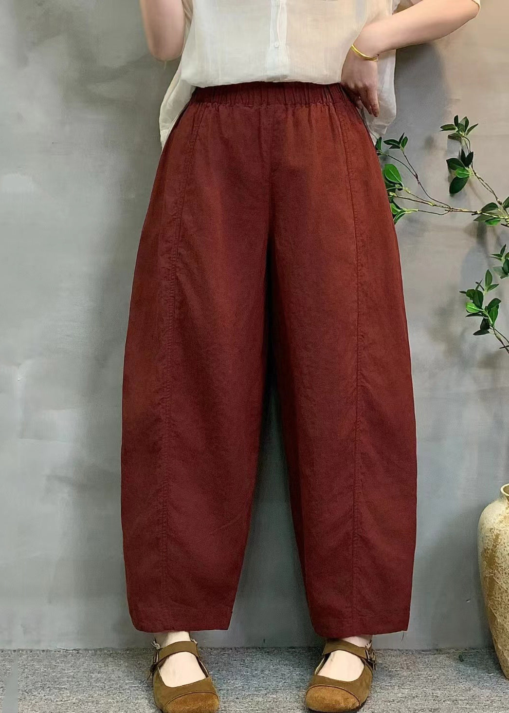 Red Oversized Linen Crop Pants Summer
