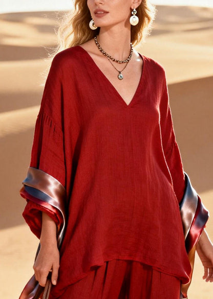 Red Oversized Patchwork Shawl Silk Linen 2 Piece Outfit Spring