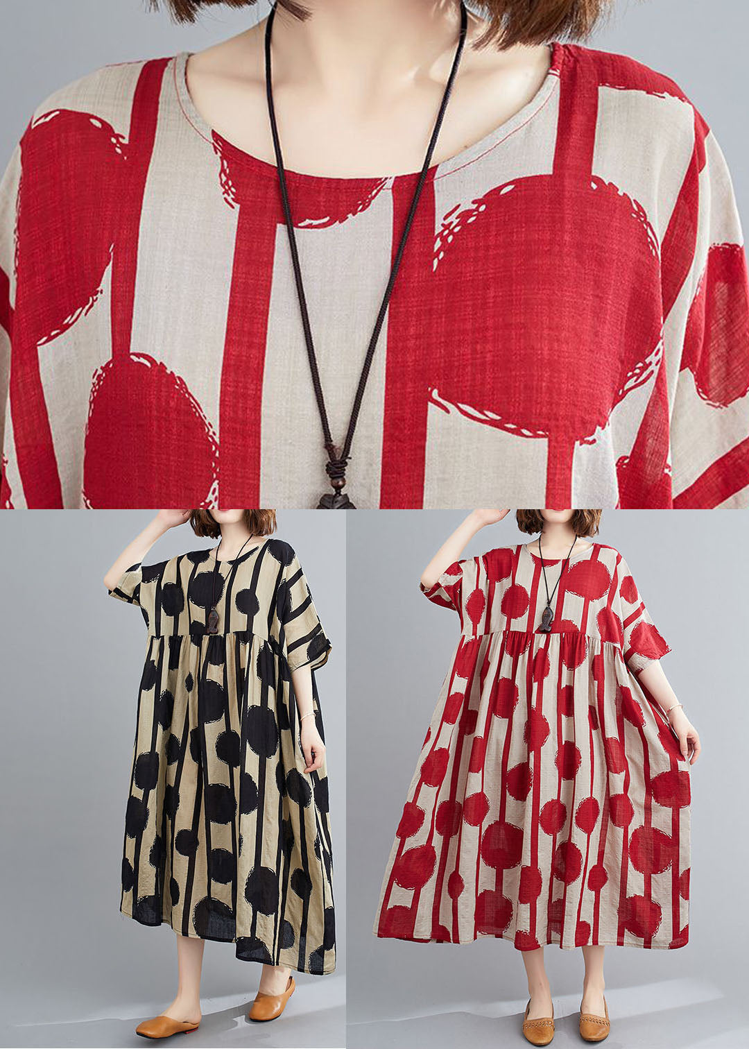 Red Oversized Print Cotton Vacation Dress Summer