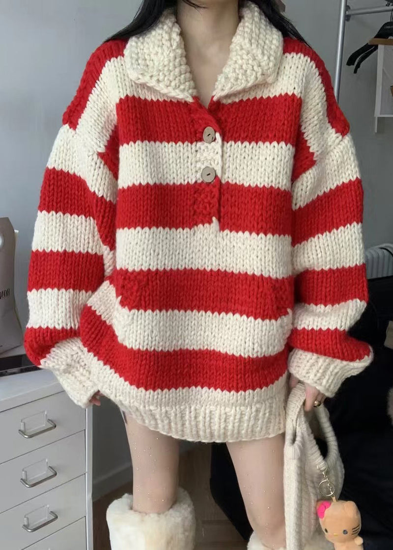 Red Oversized Striped Knit Sweaters Winter