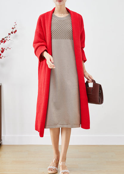 Red Oversized Thick Knit Cardigans Winter
