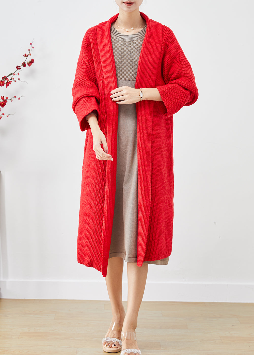 Red Oversized Thick Knit Cardigans Winter